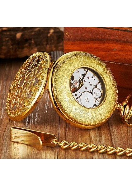 Altın Mekanik Cebi El Rüzgar Fob Saatler Romen Rakamları Ay Şekli Hollow Dial Iskelon Saat Zinciri Erkekler Için | Cep ve fob Saatler (Yurt Dışından)
