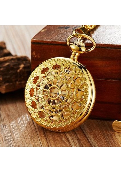Altın Mekanik Cebi El Rüzgar Fob Saatler Romen Rakamları Ay Şekli Hollow Dial Iskelon Saat Zinciri Erkekler Için | Cep ve fob Saatler (Yurt Dışından)