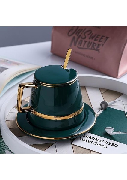 Altın Trim Yeşil Porselen Kahve Bardakları, Latte, Kafa Kaşık, Içecekler, Latte, Cafe Mocha Cappuccino ve Çay 450ML | Kahve Kupası ve tabak Setleri (Yurt Dışından)