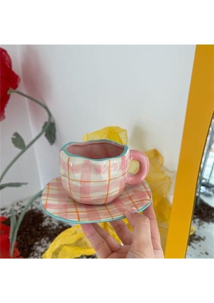 Iskandinav Pembe Ekose Seramik Kahve Fincanı Set Düzensiz Dekoratif Ev Kahvaltı Süt Çay Kupası Mutfak Içme Kupası Kahve Kupa | Kahve Kupaları ve kupalar (Yurt Dışından)