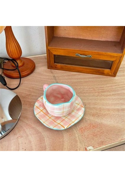 Iskandinav Pembe Ekose Seramik Kahve Fincanı Set Düzensiz Dekoratif Ev Kahvaltı Süt Çay Kupası Mutfak Içme Kupası Kahve Kupa | Kahve Kupaları ve kupalar (Yurt Dışından)