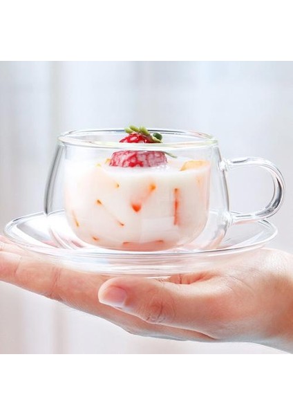Basit Şeffaf Kahve Kupa Yüksek Borosilikat Çift Duvar Cam Kahve Fincanı Daire ve Kaşık Tatlı Drinkware | Kahve Kupası ve tabak Setleri (Yurt Dışından)