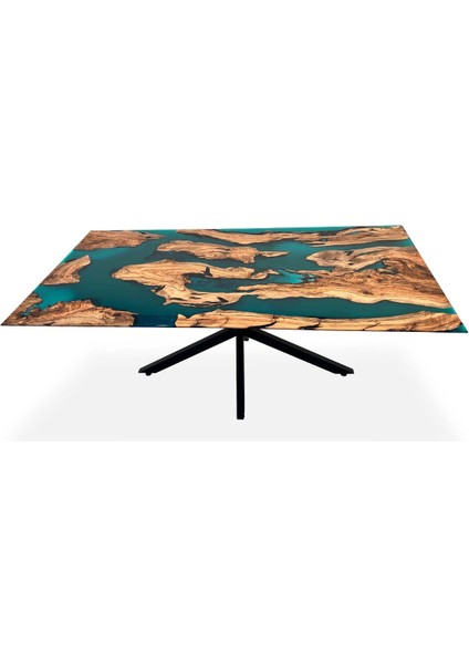 Epoksi Ofis Toplantı Masası Tabla - 190X91 cm Turkuaz Epoksi Zeytin Ahşap Yemek Masası Tabla