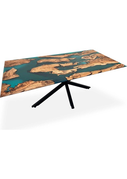 Epoksi Ofis Toplantı Masası Tabla - 190X91 cm Turkuaz Epoksi Zeytin Ahşap Yemek Masası Tabla