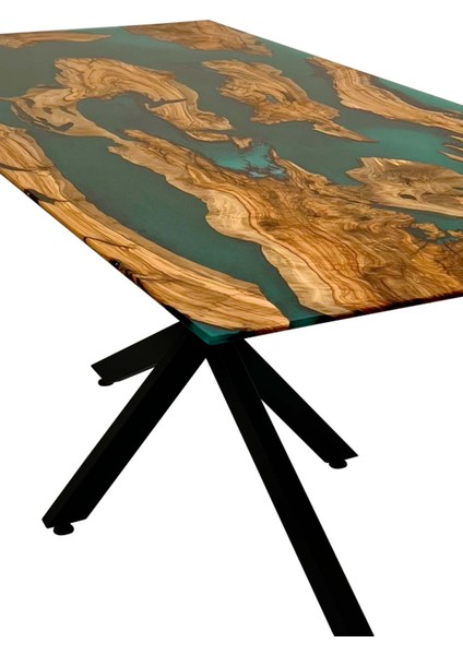 Epoksi Ofis Toplantı Masası Tabla - 190X91 cm Turkuaz Epoksi Zeytin Ahşap Yemek Masası Tabla