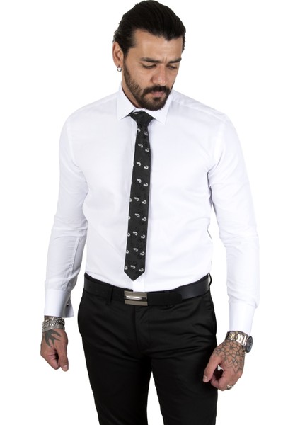 Beyaz Dik Yaka Slim Fit Kesim Pamuk Saten Erkek Gömlek 2209615