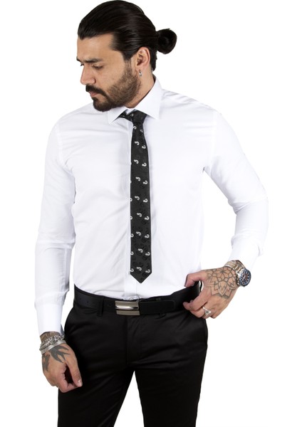 Beyaz Dik Yaka Slim Fit Kesim Pamuk Saten Erkek Gömlek 2209615 fiyatları