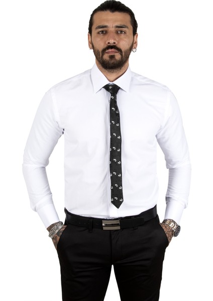 Beyaz Dik Yaka Slim Fit Kesim Pamuk Saten Erkek Gömlek 2209615 fırsatları