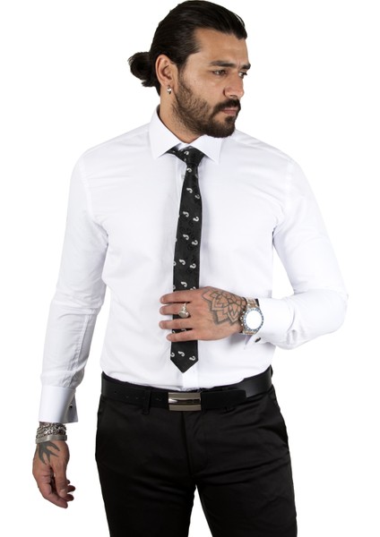 Beyaz Dik Yaka Slim Fit Kesim Pamuk Saten Erkek Gömlek 2209615 indirimleri