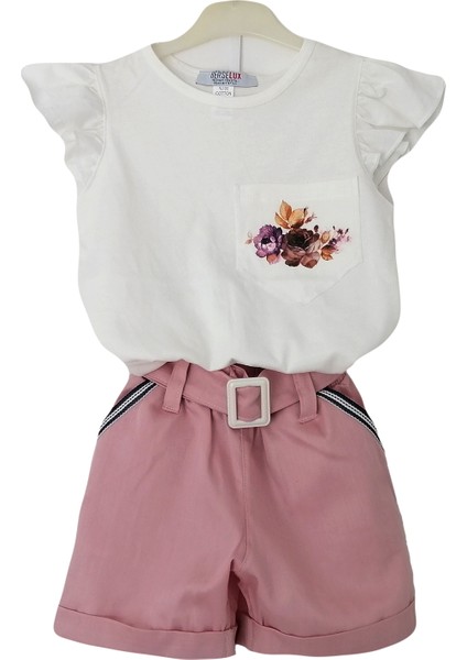 Kız Çocuk Şort Tshirt Ikili Takım Pudra Pembe Şort Beyaz Kısa Kollu Çiçek Baskılı Tshirt