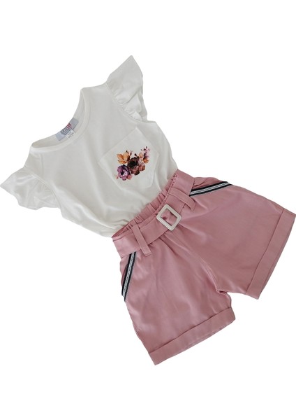 Kız Çocuk Şort Tshirt Ikili Takım Pudra Pembe Şort Beyaz Kısa Kollu Çiçek Baskılı Tshirt indirimleri