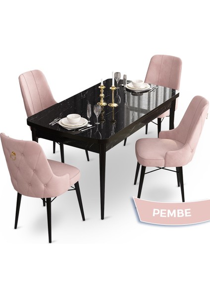 Concept Taç Serisi 80 x 132 cm Açılabilir Siyah Mermer Desen Masa Takımı 4 Sandalye Gold Halkalı