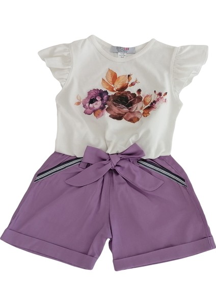 Kız Çocuk Şort Tshirt Ikili Takım Lila Şort Beyaz Kısa Fırfırlı Kollu Çiçek Baskılı Tshirt
