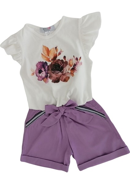 Kız Çocuk Şort Tshirt Ikili Takım Lila Şort Beyaz Kısa Fırfırlı Kollu Çiçek Baskılı Tshirt fiyatları