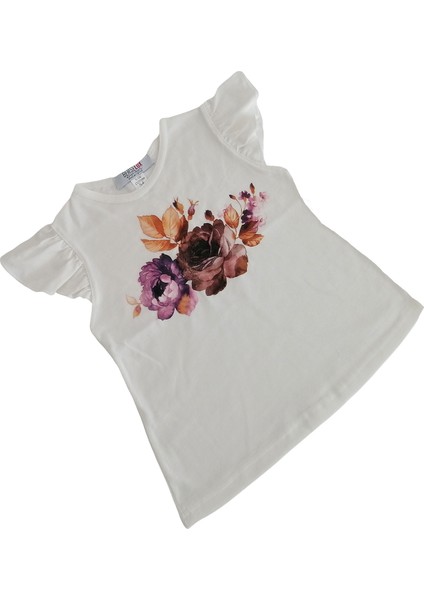 Kız Çocuk Şort Tshirt Ikili Takım Lila Şort Beyaz Kısa Fırfırlı Kollu Çiçek Baskılı Tshirt fırsatları