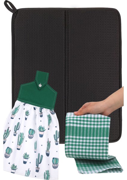 Bulaşık Kurutma Matı, Mikrofiber Bulaşık Kurutma Örtüsü, Tezgah Üstü Bulaşık Matı, 3 Lü Mutfak Seti