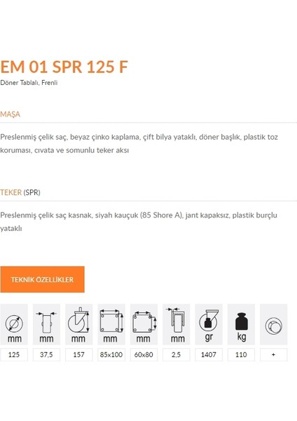 Emes Em01 Spr 125f Döner Tablalı Frenli Teker 125 Mm 110 Kg fiyatları