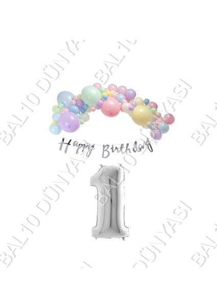 Happy Bırthday Yazılı Kaligrafi Banner Makaron Balon Seti 1 Yaş Gümüş Set Doğum Günü