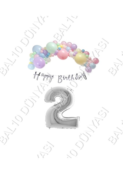 Happy Bırthday Yazılı Kaligrafi Banner Makaron Balon Seti 2 Yaş Gümüş Set Doğum Günü