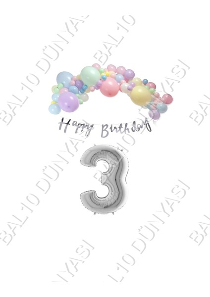 Happy Bırthday Yazılı Kaligrafi Banner Makaron Balon Seti 3 Yaş Gümüş Set Doğum Günü