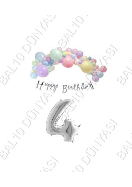 Happy Bırthday Yazılı Kaligrafi Banner Makaron Balon Seti 4 Yaş Gümüş Set Doğum Günü