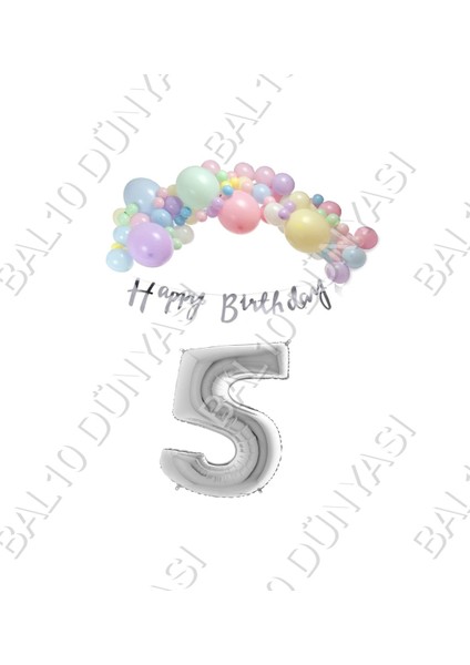 Happy Bırthday Yazılı Kaligrafi Banner Makaron Balon Seti 5 Yaş Gümüş Set Doğum Günü