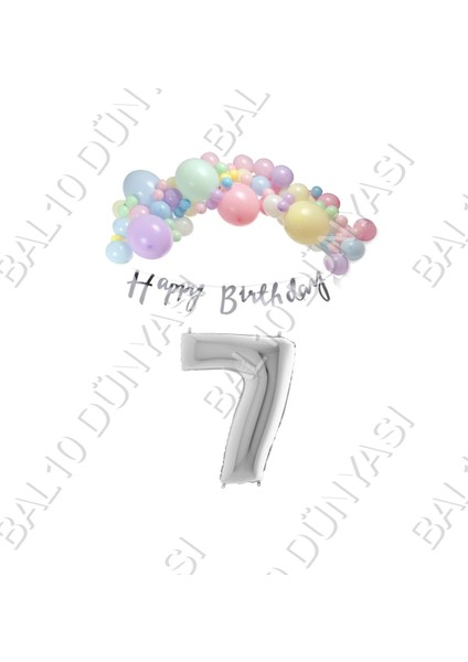 Happy Bırthday Yazılı Kaligrafi Banner Makaron Balon Seti 7 Yaş Gümüş Set Doğum Günü