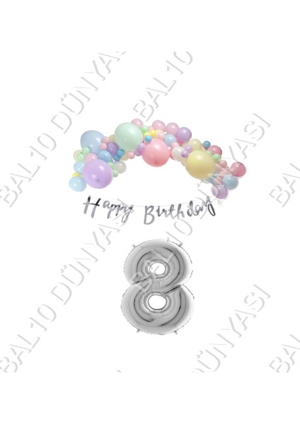 Happy Bırthday Yazılı Kaligrafi Banner Makaron Balon Seti 8 Yaş Gümüş Set Doğum Günü