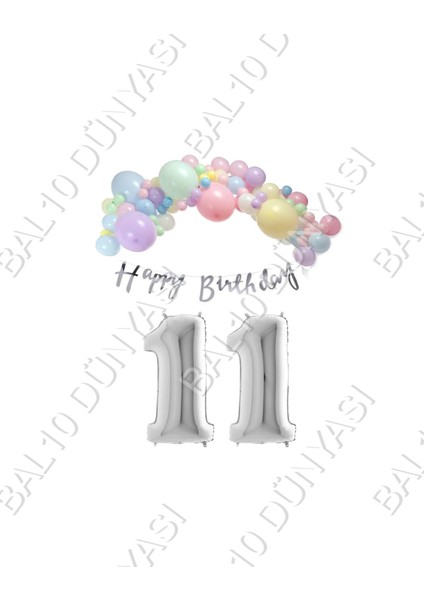 Happy Bırthday Yazılı Kaligrafi Banner Makaron Balon Seti 11 Yaş Gümüş Set Doğum Günü