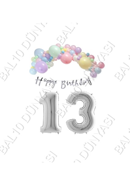 Happy Bırthday Yazılı Kaligrafi Banner Makaron Balon Seti 13 Yaş Gümüş Set Doğum Günü