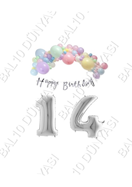Happy Bırthday Yazılı Kaligrafi Banner Makaron Balon Seti 14 Yaş Gümüş Set Doğum Günü