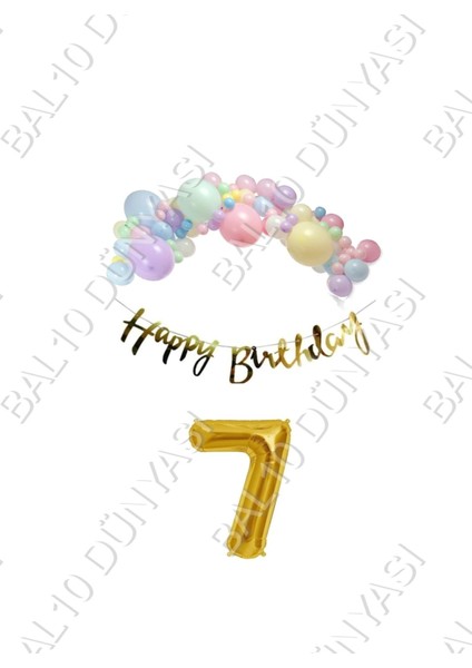 Happy Bırthday Yazılı Kaligrafi Banner Makaron Balon Seti 7 Yaş Gold Set Doğum Günü