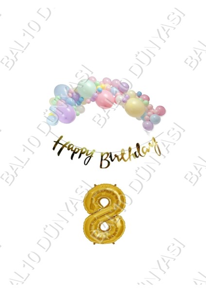 Happy Bırthday Yazılı Kaligrafi Banner Makaron Balon Seti 8 Yaş Gold Set Doğum Günü