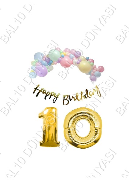 Happy Bırthday Yazılı Kaligrafi Banner Makaron Balon Seti 10 Yaş Gold Set Doğum Günü