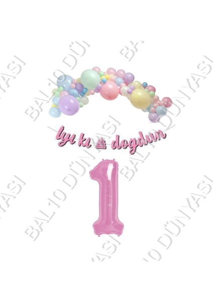 Iyiki Doğdun Yazılı Kaligrafi Banner Makaron Balon Seti 1 Yaş Pembe Set Doğum Günü
