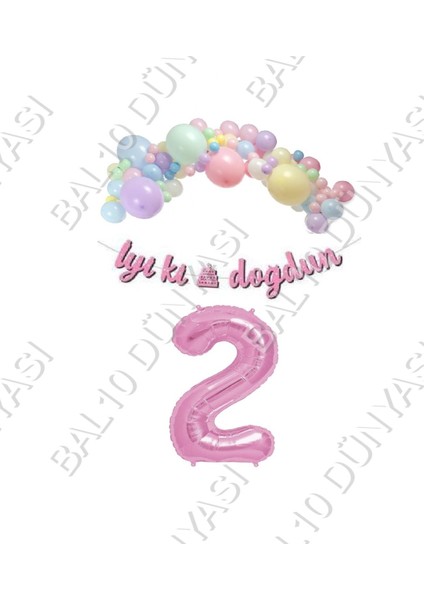 Iyiki Doğdun Yazılı Kaligrafi Banner Makaron Balon Seti 2 Yaş Pembe Set Doğum Günü