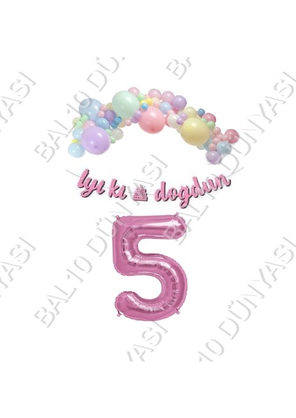 Iyiki Doğdun Yazılı Kaligrafi Banner Makaron Balon Seti 5 Yaş Pembe Set Doğum Günü