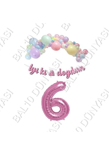 Iyiki Doğdun Yazılı Kaligrafi Banner Makaron Balon Seti 6 Yaş Pembe Set Doğum Günü