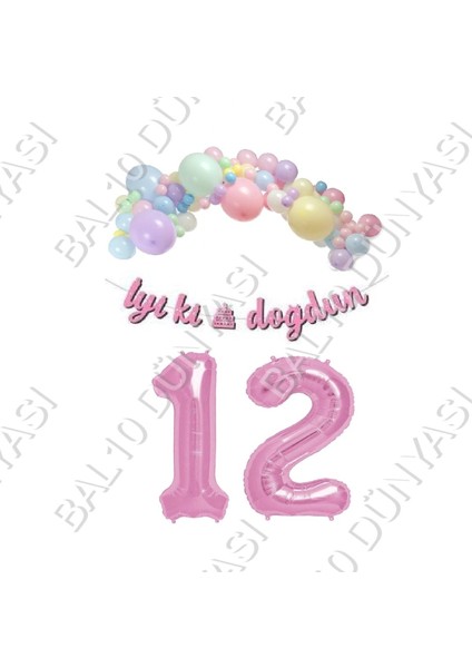 Iyiki Doğdun Yazılı Kaligrafi Banner Makaron Balon Seti 12 Yaş Pembe Set Doğum Günü