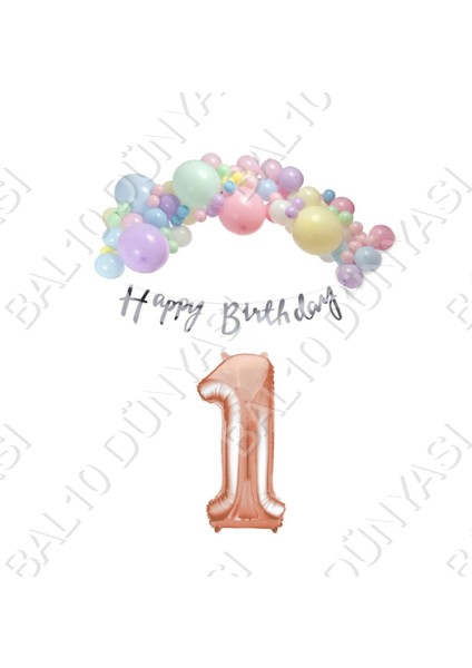 Happy Bırthday Gümüş Yazılı Kaligrafi Banner Makaron Balon Seti 1 Yaş Rose Gold Set Doğum Günü