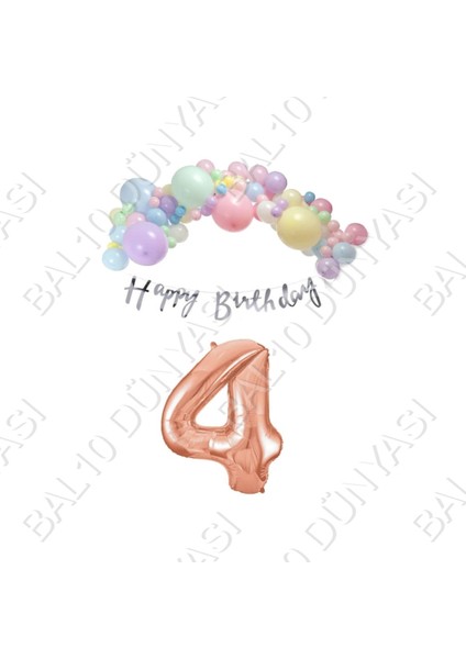 Happy Bırthday Gümüş Yazılı Kaligrafi Banner Makaron Balon Seti 4 Yaş Rose Gold Set Doğum Günü