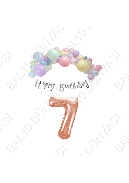 Happy Bırthday Gümüş Yazılı Kaligrafi Banner Makaron Balon Seti 7 Yaş Rose Gold Set Doğum Günü