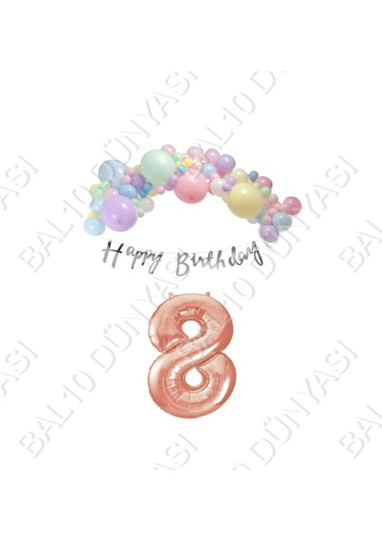 Happy Bırthday Gümüş Yazılı Kaligrafi Banner Makaron Balon Seti 8 Yaş Rose Gold Set Doğum Günü