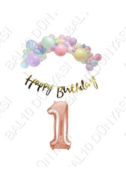 Happy Bırthday Gold Yazılı Kaligrafi Banner Makaron Balon Seti 1 Yaş Rose Gold Set Doğum Günü