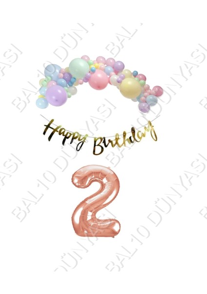 Happy Bırthday Gold Yazılı Kaligrafi Banner Makaron Balon Seti 2 Yaş Rose Gold Set Doğum Günü