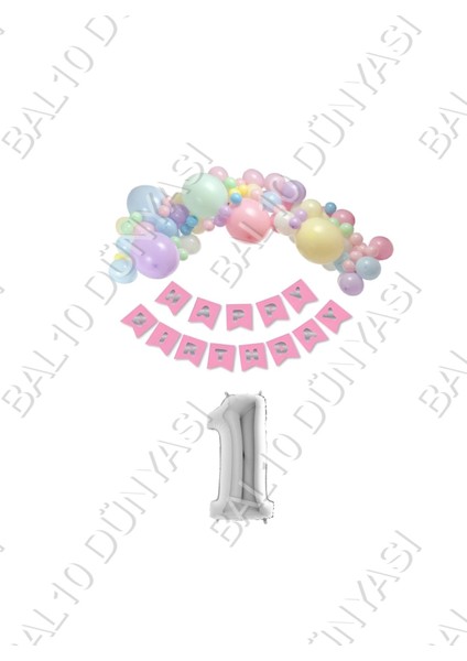 Happy Bırthday Yazılı Banner Makaron Balon Seti 1 Yaş Gümüş Set Doğum Günü