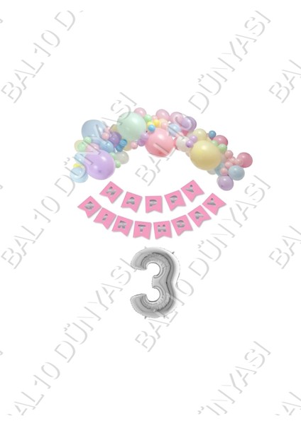 Happy Bırthday Yazılı Banner Makaron Balon Seti 3 Yaş Gümüş Set Doğum Günü