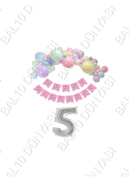 Happy Bırthday Yazılı Banner Makaron Balon Seti 5 Yaş Gümüş Set Doğum Günü