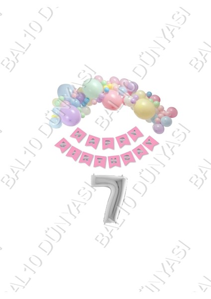 Happy Bırthday Yazılı Banner Makaron Balon Seti 7 Yaş Gümüş Set Doğum Günü