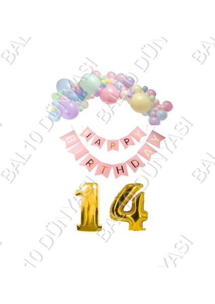 Happy Bırthday Yazılı Banner Makaron Balon Seti 14 Yaş Gold Set Doğum Günü